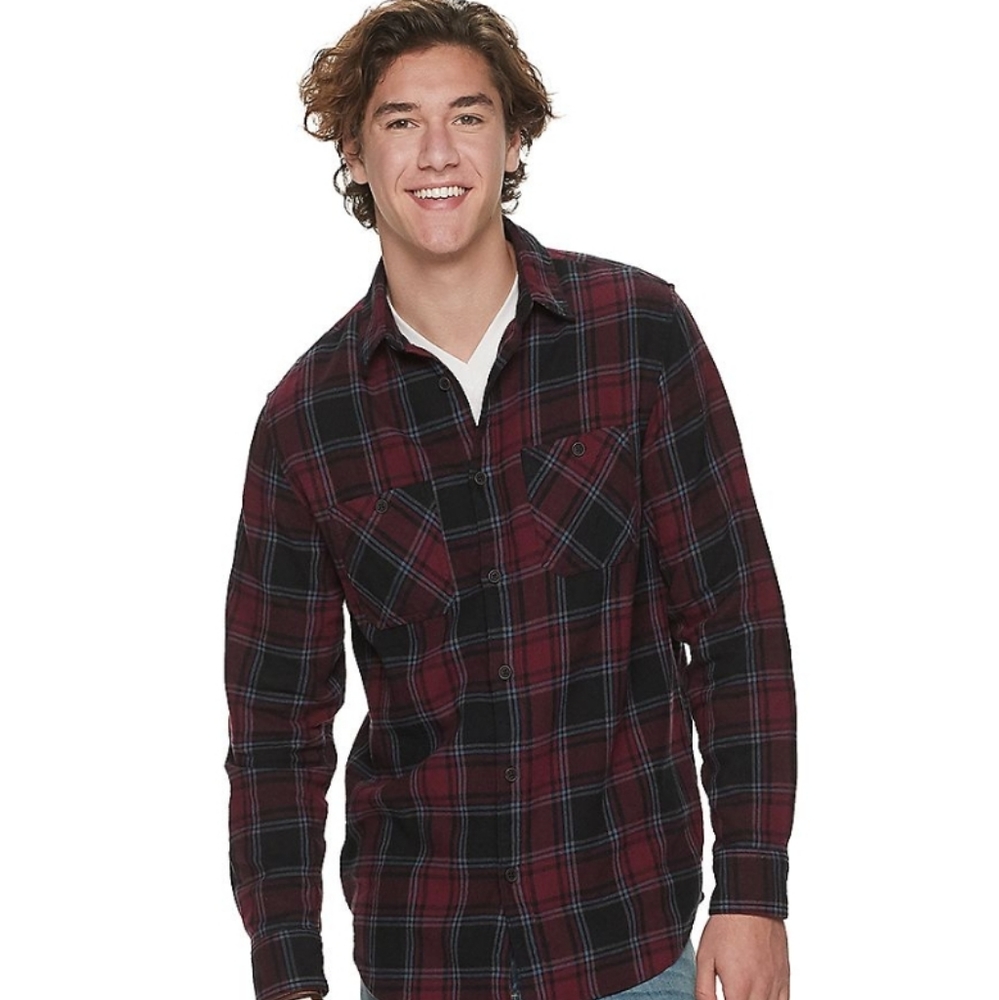 Urban Pipeline Flannel Burgundy Plaid Long Sleeve Shirt